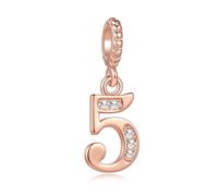 Breloque en forme de chiffre porte-bonheur pour bracelets Pandora 0, 1, 2, 3, 4, 5, 6, 7, 8, 9 - Cadeau d'anniversaire pour femme, famille, amis - Cristal transparent - Or rose, taille unique, Cuivre