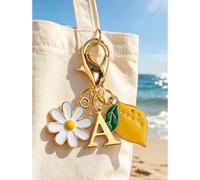 Breloque lettre émaillée fraîcheur d'été marguerite & citron, porte-clés initial personnalisé ton doré, pendentif mignon fruit et fleur, accessoire de sac avec mousqueton amovible, breloque de sac à m