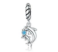 Breloque opale bleu foncé en argent sterling 925 et verre de Murano bleu océan, tortue de mer, dauphins, sirène, pour bracelet Pandora, Argent