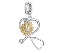Breloques d'infirmière en argent sterling 925 avec stéthoscope tournesol pour bracelets, infirmières, médecins