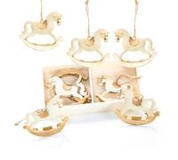 Breloques Noël métal Cheval à Bascule, Lot de 8: pendentifs décoratifs crème, Beige et Or pour Sapin, Cadeaux, couronnes, centres de Table ou décorations festives, 5,5 x 6,5 cm