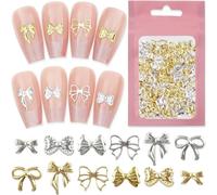 Breloques pour ongles en métal doré et argenté - Taille mixte - Nœud papillon - Charms ongles 3D - Design d'ongles - Mignon ruban - Bowknot - Décoration pour ongles - Accessoires pour ongles