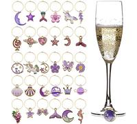 Breloques pour Verres à Vin, 31 Pcs Charmes de Verre à Vin Balises Identification Marqueurs de Verre à Vin Decorate Marqueurs à Boisson pour Soirée de Dégustation de Cocktails de Verres à Pied（Violet）
