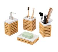 bremermann Ensemble d'accessoires de Salle de Bain 4 pièces en Bambou et céramique (Blanc)