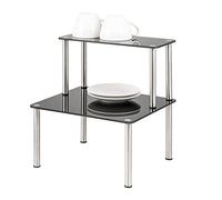 bremermann Étagère de Cuisine en Verre sur 2 Niveaux - Plateaux en Verre avec Pieds en Acier Inoxydable - Carré - 28 x 32 cm (Noir)