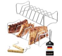 bremermann Lot de 2 supports à côtes et à rôtir 2 en 1 avec poignées de transport, parfaits pour le barbecue, le fumoir ou le four, chaque embout peut contenir jusqu'à 8 côtes, en acier inoxydable