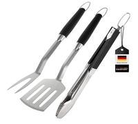 bremermann Lot de 3 couverts pour barbecue - Pince, spatule, fourchette à viande - Accessoire de barbecue en acier inoxydable avec poignée souple