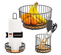 bremermann Lot de 3 ustensiles de cuisine comprenant 1 porte-rouleau d'essuie-tout, 1 porte-ustensiles et 1 corbeille à fruits/corbeille à fruits, combinaison moderne de matériaux en bambou et métal