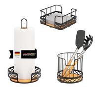 bremermann Lot de 3 ustensiles de cuisine comprenant 1 porte-rouleau d'essuie-tout, 1 porte-ustensiles et 1 porte-serviettes, combinaison moderne de matériaux en bambou et métal