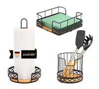 bremermann Lot de 3 ustensiles de cuisine comprenant 1 porte-rouleau d'essuie-tout, 1 porte-ustensiles et 1 porte-serviettes, combinaison moderne de matériaux en bambou et métal