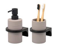 bremermann Savona Ensemble d'accessoires de salle de bain ronds avec surface douce au toucher avec support mural à coller ou à percer, 1 distributeur de savon et 1 gobelet en plastique (taupe)