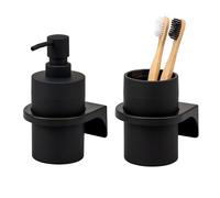 bremermann Savona Ensemble d'accessoires de salle de bain ronds avec surface douce au toucher avec support mural à coller ou à percer, 1 distributeur de savon et 1 gobelet en plastique (noir)