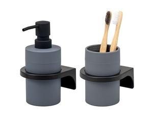bremermann Savona Ensemble d'accessoires de salle de bain ronds avec surface douce au toucher avec support mural à coller ou à percer, 1 distributeur de savon et 1 gobelet en plastique (gris)