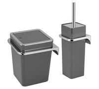 bremermann Savona Ensemble de Salle de Bain 2 pièces avec Poubelle de Salle de Bain 6 l et Brosse WC avec Support Mural carré (Plastique-Gris)