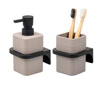 bremermann Savona Set de 2 accessoires de salle de bain carrés avec surface douce au toucher et support mural composé de 1 distributeur de savon et 1 gobelet en plastique (taupe)