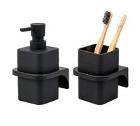 bremermann Savona Set de 2 accessoires de salle de bain carrés avec surface douce au toucher et support mural, 1 distributeur de savon et 1 gobelet en plastique (noir)