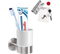 bremermann Série pour la salle de bains PIAZZA - porte-gobelet, porte-gobelet pour dentifrice avec kit de collage et support mural, en céramique blanche et acier inoxydable mat