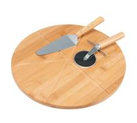 bremermann Service à pizza 3 pièces en bambou // Planche à découper ronde, pelle à pizza et roulette à pizza // Acier inoxydable avec poignées en bambou