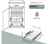 bremermann Tiroir télescopique 30 cm avec étagère, tiroir de cuisine à équiper, tiroir d'armoire en métal (blanc crème)