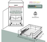 bremermann Tiroir télescopique 50 cm avec étagère, tiroir de cuisine à équiper, tiroir d'armoire en métal, gris