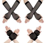Bremorou Lot de 4 paires de gants en résille noirs pour femme - Gants longs et courts en maille pour Halloween - Mitaines en maille filet de poisson - Manches de bras - Accessoires de déguisement pour