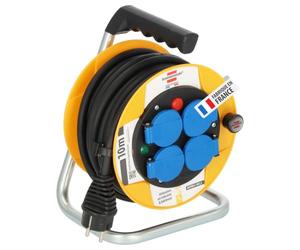 Brennenstuhl Enrouleur électrique Baby Pro, compact, 10m H07RN-F 3G1,5 | 4 prises à clapets, format compact, voyant de présence de tension, poignée, clip, disjoncteur, en extérieur, Made in France