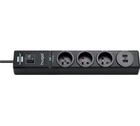 Brennenstuhl Multiprise Hugo! – 3 prises + 2 ports USB, parasurtenseur, câble 2 m – Noir