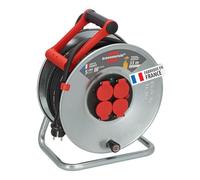 Brennenstuhl Professional Enrouleur de câble SILVER-33 / Enrouleur électrique (4 prises avec clapets, flasques en acier, voyant de tension, poignée, 33m H07RN-F, en extérieur), fabriqué en France