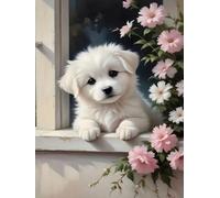 Brennora 11CT Kit de broderie Chiot de rebord de fenêtre Kits de point de croix estampé bricolage Enfant Débutant Adulte Kit Canevas 40x50 cm