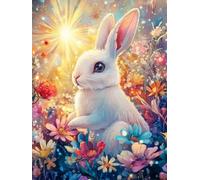 Brennora 5D Kit Peinture Diamant d'Art Mosaïque Crystal Lapin dans un champ de fleurs DIY Peinture par Numéros pour Enfants Adultes Décoration Murale 40x50 cm
