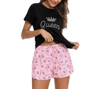 Bresdk Pyjama Femme Court Coton Été à Manches Courtes 2 Pièces Doux | Ensembles de pyjama Été imprimé avec cordon et poches pour nuits chaudes, matins détendus et confort à la maison