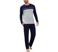 Bresdk Pyjama Homme Long Coton Ensemble Pyjama Col Rond Rayé | Pyjama Homme Hiver avec haut rayé et poches pratiques pour nuits fraîches, repos calme et confort à la maison chez soi