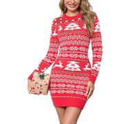 Bresdk Robe de Noel Femme Chic Hiver Femmes Robes Mere Pull Slim de Couleur Contrastée Idéale pour Une Fête de Noël Confortable Rouge M