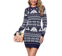 Bresdk Robe de Noel Femme Chic Hiver Femmes Robes Pull Slim de Couleur Contrastée Idéale pour Une fête de Noël Confortable Bleu S
