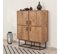 CONCEPT USINE | Buffet BRESOV 115 cm Effet Pin & Pied Métal Noir | 4 Portes | 8 Compartiments de Rangement | Format Compact 90 cm Haut | Style Industriel Moderne | Mélaminé Résistant