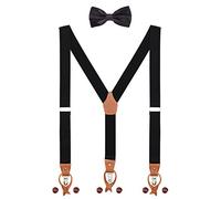 Bretelles et Nœud Papillon pour Homme Femme 2 WAY TO WEAR 3 Clips 6 Boutonnière en Cuir Y-forme 3.5cm large Bretelles étendues pour Hauteur 160-200cm - Noir