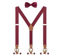 Bretelles et Nœud Papillon pour Homme Femme 2 WAY TO WEAR 3 Clips 6 Boutonnière en Cuir Y-forme 3.5cm large Bretelles étendues pour Hauteur 160-200cm - Bordeaux Rouge