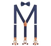 Bretelles et Nœud Papillon pour Homme Femme 2 WAY TO WEAR 3 Clips 6 Boutonnière en Cuir Y-forme 3.5cm large Bretelles étendues pour Hauteur 160-200cm - Bleu Navy