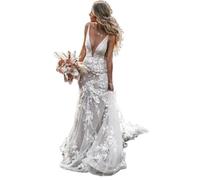 Bretelles Spaghetti V Profond Fleur tridimensionnelle Dentelle appliquée Mince Queue de Poisson Robe mariée