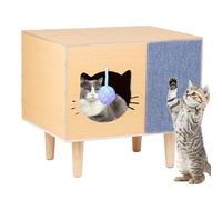 BREUAILY Niche pour chat en bois d'intérieur avec cloche pour chat - Tapis griffoir et coussin pour chat - Armoire pour couloir et chambre à coucher - Montage facile - 50 x 40 x 32 cm