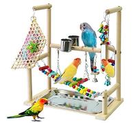 BREUAILY Support de Jeu pour Oiseaux avec Miroir Bois Naturel Aire de Jeux pour Perroquets avec Mangeoire Coupe BalançOire Echelle de Grimpe et Plateau Perche Oiseau pour Petites Perruches