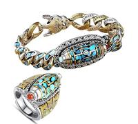 BreWel Bague porte-bonheur avec perles Dzi Mantra à six caractères turquoise, réglable, amulette tibétaine, bague porte-bonheur, rotation à 360° pour lutter contre l'anxiété, Acier inoxydable