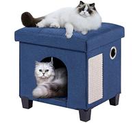 BRIAN & DANY Lit pliable pour chat d'intérieur - Grand lit pour chat recouvert de lin - Maison fermée pour chat avec griffoir et balle pour chat - Bleu