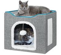 BRIAN & DANY Lit pour Chat Pliable, Niche Grise pour Chat d’Intérieur avec Planche à Grattoir et Balle pour Chats, 40 x 40 x 32 cm