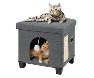 BRIAN & DANY Niche Chat, Pliable Maison pour Chat avec Planche à Grattoir et Balle pour Chats, pour Pouf Coffre de Rangement, 37,5 x 32,5 x 36 cm, Gris
