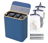 BRIAN & DANY Panier a Linge 3 Compartiment avec Couvercle, Panier Linge avec Tri Sac Amovible, Iet Pliable Pour Famille, Bleu