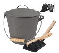 BRIAN & DANY Seau a Cendre avec Couvercle, Seau à Cendres pour Cheminees Circulaire, Seau de 5L avec Pelle et Brosse, Gris