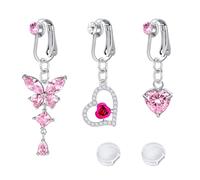 Briana Williams 3 pièces de faux piercing au nombril Clip Anneau de nombril non percée Argent Bijoux de Ventre Papillon Coeur rose avec CZ