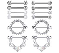 Briana Williams 6 Paires Mamelon Téton Anneaux Barres Acier Chirurgical 14G 16mm Pendre Chaîne Droit Langue Barbells CZ Opale Diamant Cœur Bijoux Piercing de Corps Argent Rose