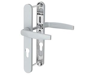 Bricard 788927. Ensemble de poignées sur plaque Emetal. Béquille et béquille pour Porte D'Entrée (Pour Cylindre Européen). Laqué Argent.